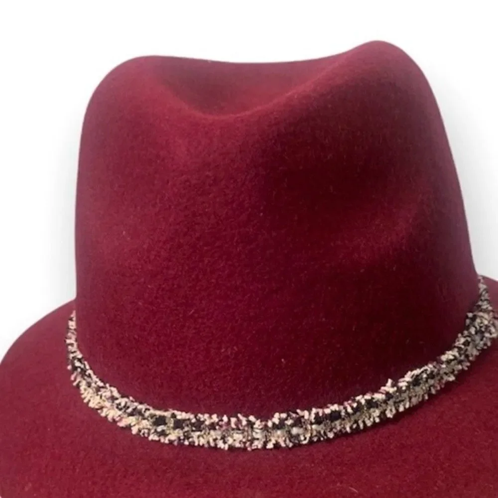 Burgundy Wool Fedora Hat Women's Tweed Band Hipster Autumn Western Boho